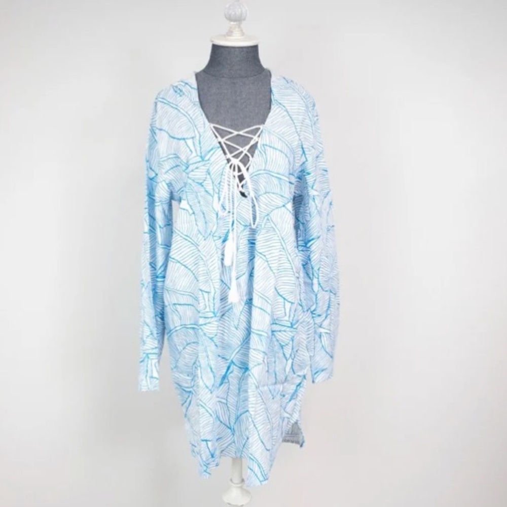 Charlie Holiday The Coco Cover Up Hooded Tropical Banana Leaf Blue Medium - Picture 12 of 14